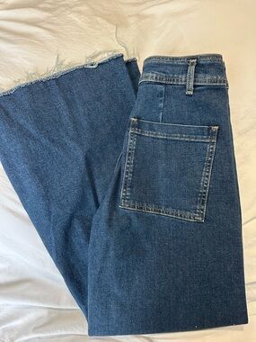 Zara Dark Blue Marine Wide Leg Jeans with Frayed Hem